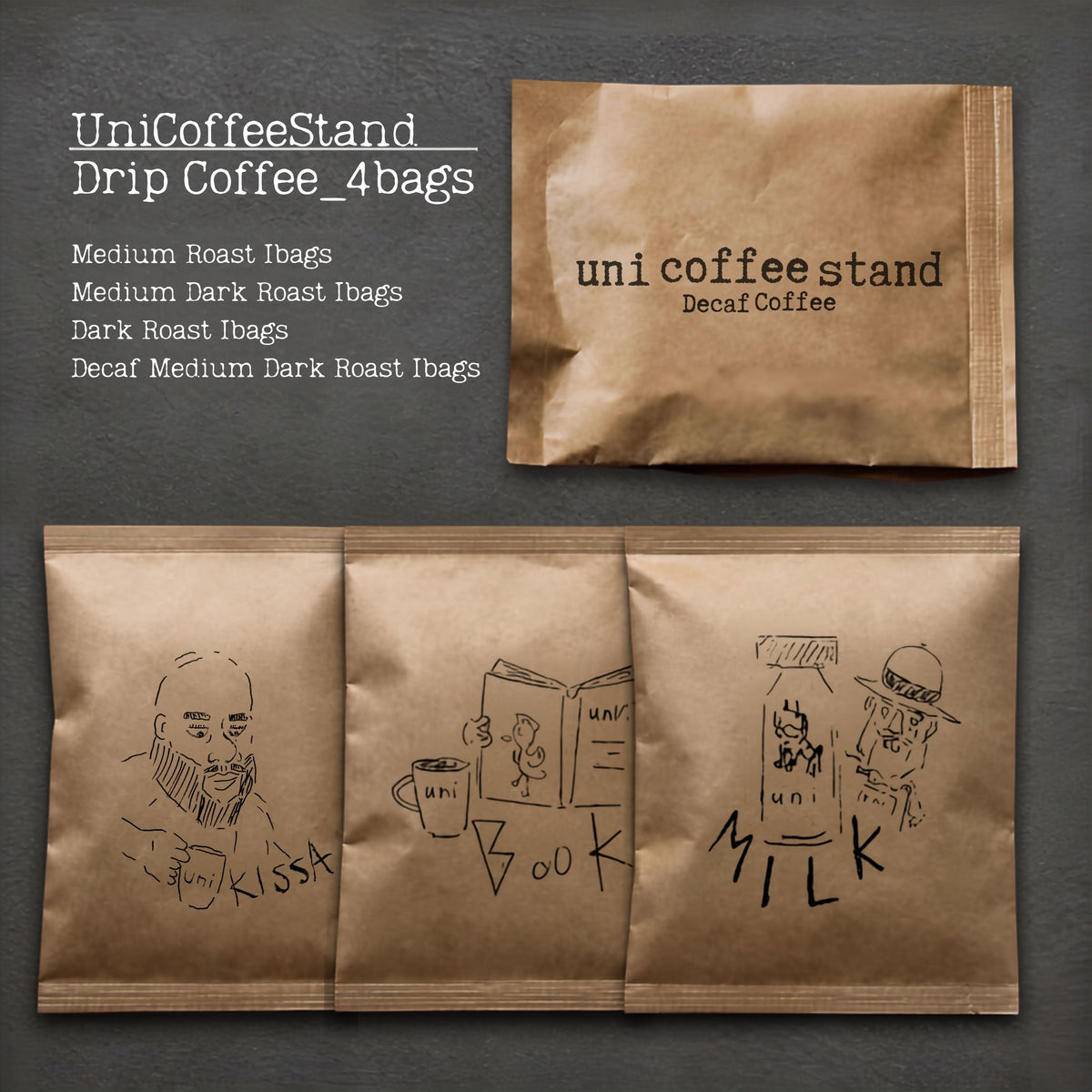 ドリップバッグ コーヒー 飲み比べセット 4種 4袋（定番3種＋デカフェ 各1袋 12g）ギフト｜uni coffee stand